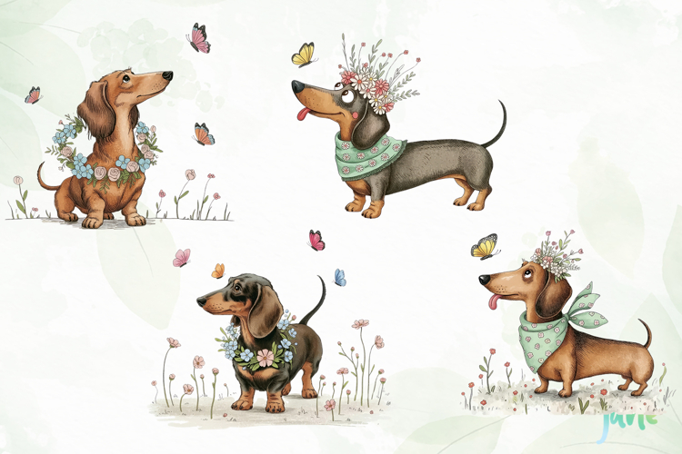 Whimsical Spring Dachshund Clipart