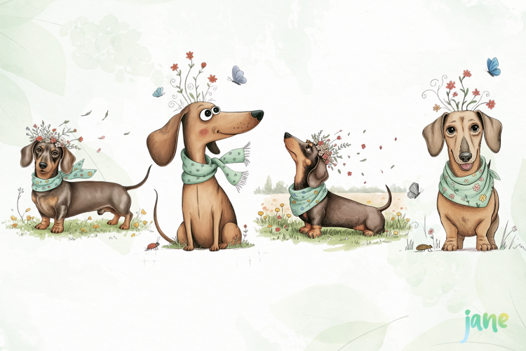 Whimsical Spring Dachshund Clipart