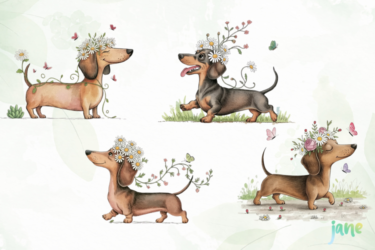 Whimsical Spring Dachshund Clipart