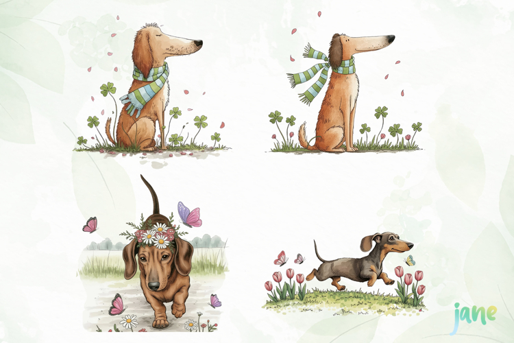 Whimsical Spring Dachshund Clipart