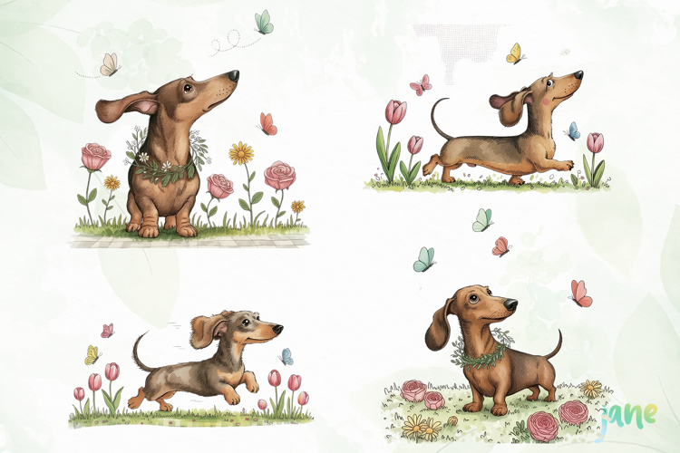 Whimsical Spring Dachshund Clipart