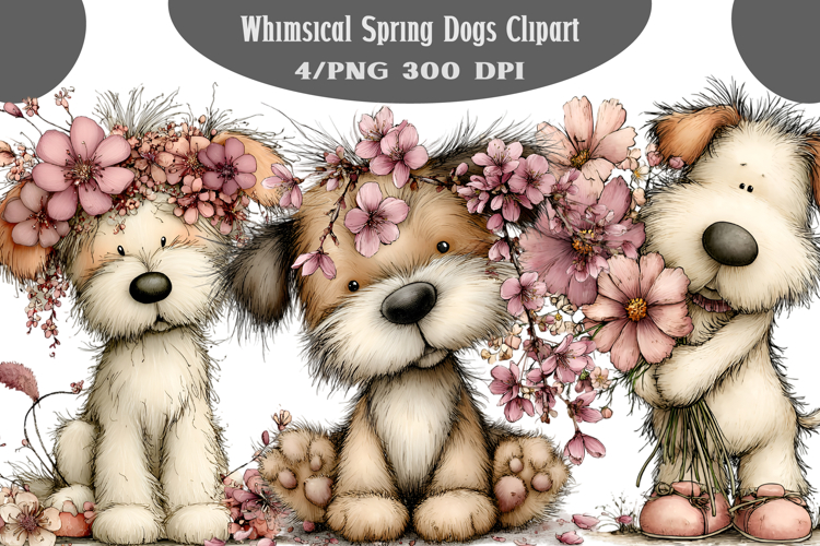 Whimsical Spring Dogs Clipart PNG