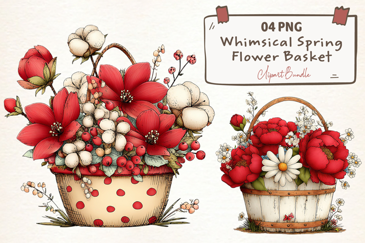 Whimsical Spring Flower Basket Clipart