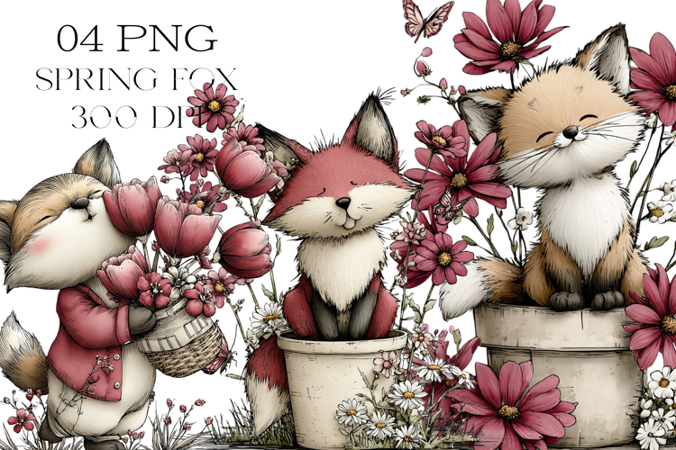 Whimsical Spring Garden Fox Clipart