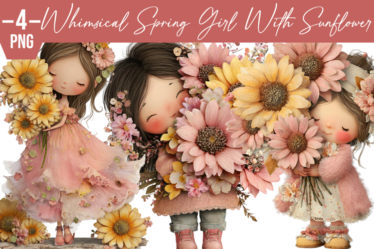 Whimsical Spring girl with Sunflower Clipart