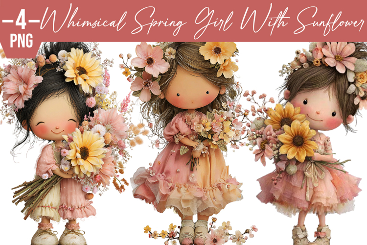 whimsical spring girl with sunflower clipart