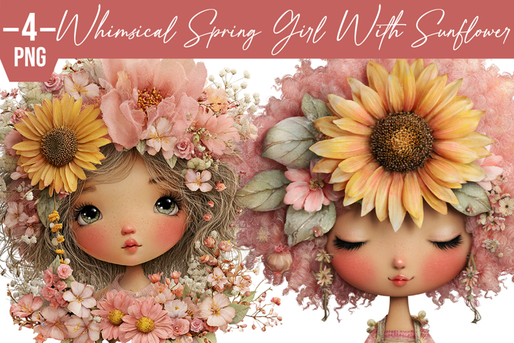 whimsical spring girl with sunflower clipart