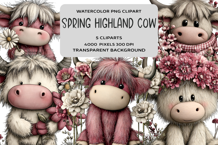 Whimsical Spring Highland Cow Clipart