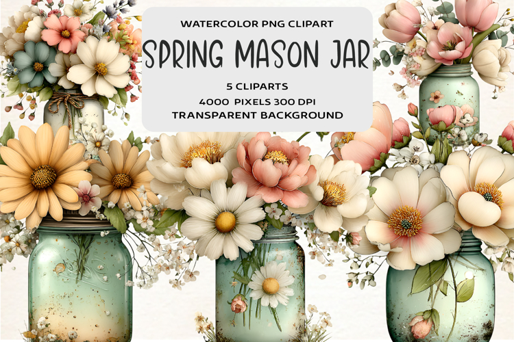 Whimsical Spring Mason Jar Clipart
