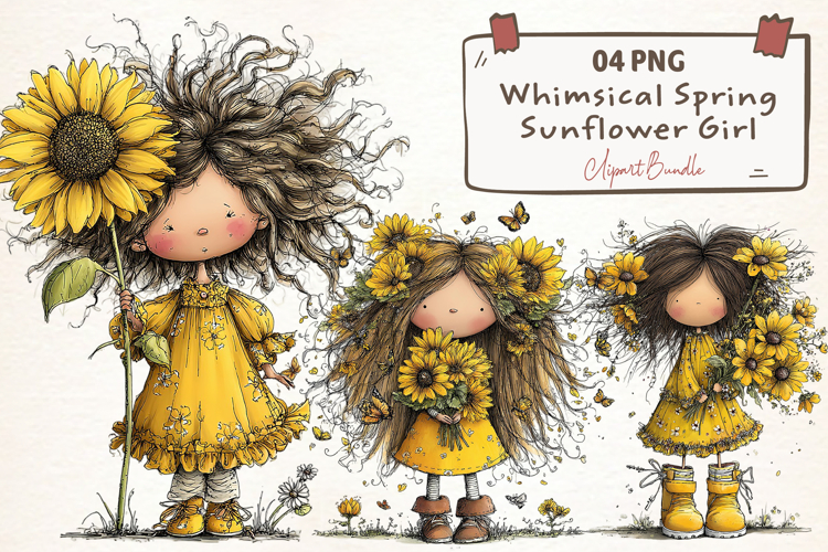 Whimsical Spring Sunflower Girl Clipart