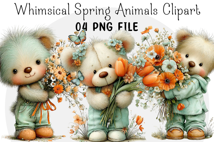 Whimsical Spring Teddy Bear Clipart