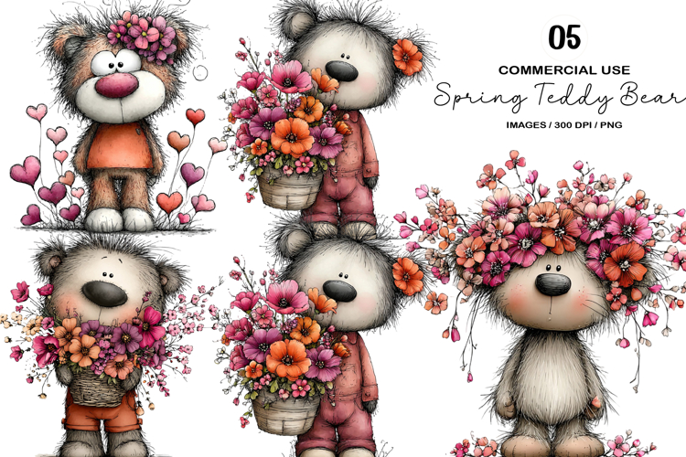 Whimsical Spring Teddy Bear Clipart