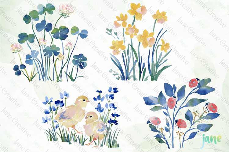 Whimsical Spring Watercolor Cliparts