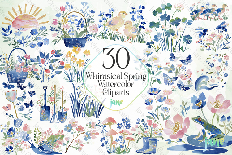 Whimsical Spring Watercolor Cliparts Bundle