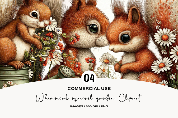Whimsical squirrel garden Clipart
