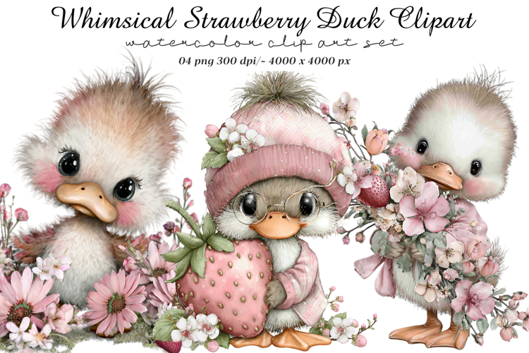 Whimsical Strawberry Duck Clipart