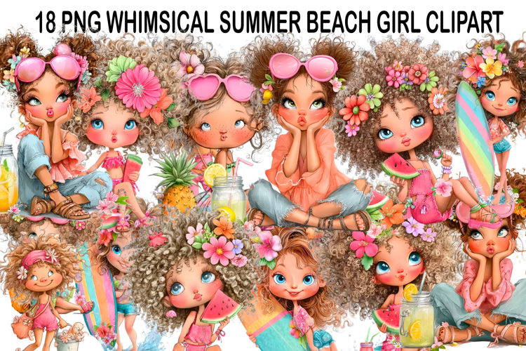 whimsical summer beach Girl Clipart