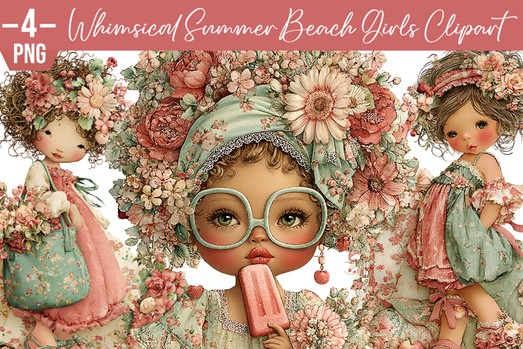 Whimsical Summer Beach Girls Clipart