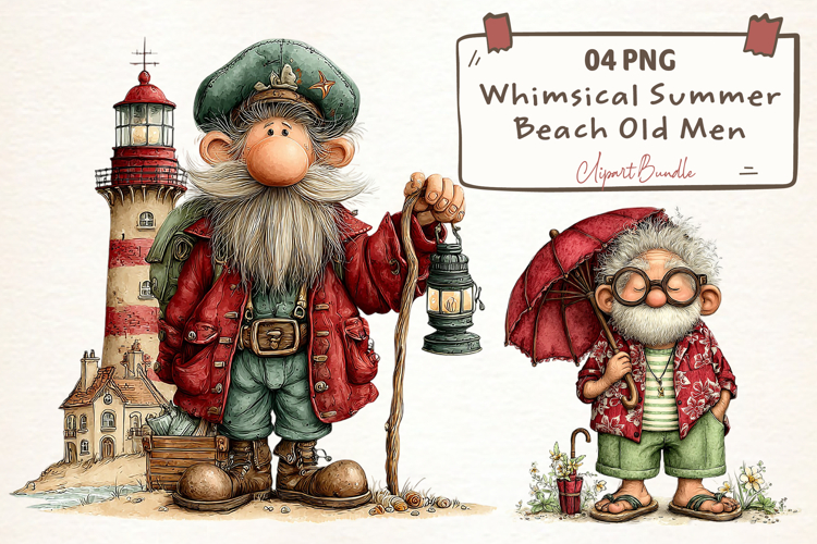 Whimsical Summer Beach Old Men Clipart