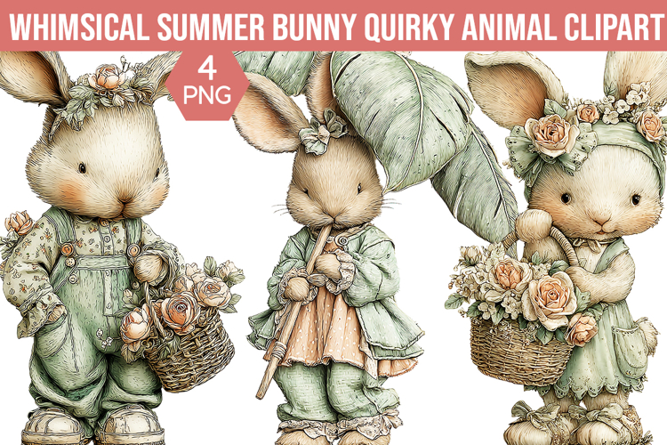 Whimsical Summer Bunny Quirky Animal Clipart