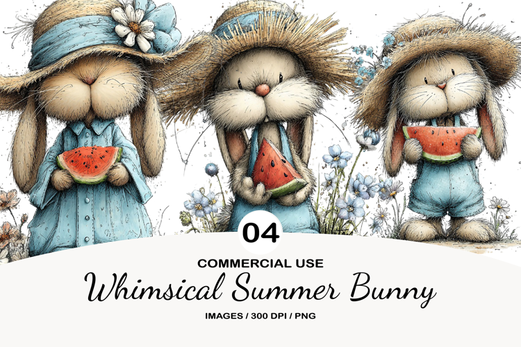 Whimsical Summer Bunny Watercolor Clipart