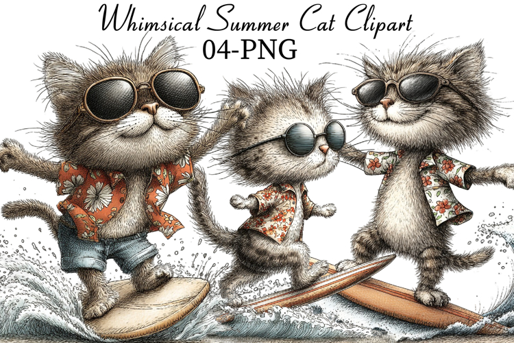 Whimsical Summer Cat Clipart example image 1