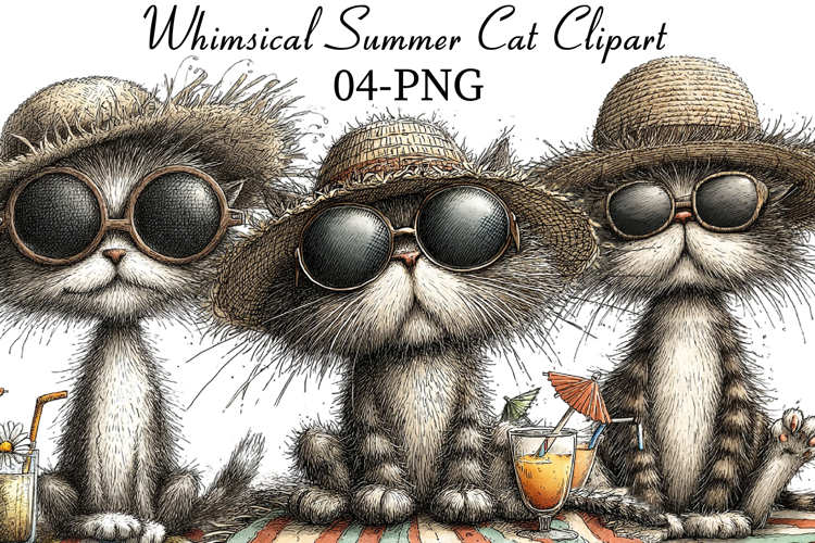 Whimsical Summer Cat Clipart example image 1