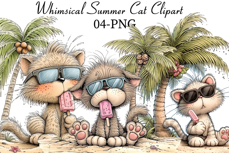Whimsical Summer Cat Clipart example image 1
