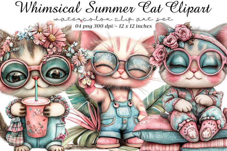 Whimsical Summer Cat Clipart - Summer Cat Png