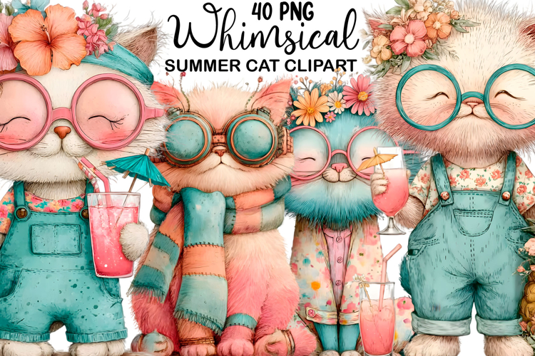 Whimsical Summer Cat Clipart Watercolor png