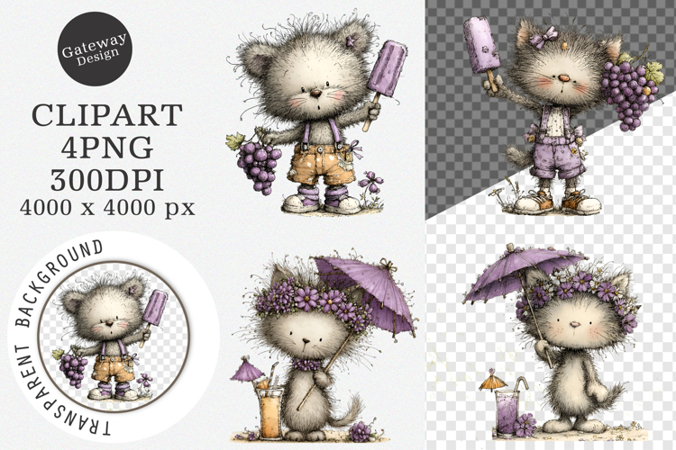 Whimsical summer cats clipart - Summer cats Png