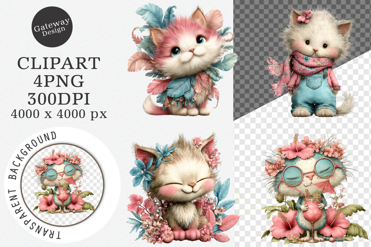 Whimsical Summer Cats Watercolor Clipart - Summer Cats Png