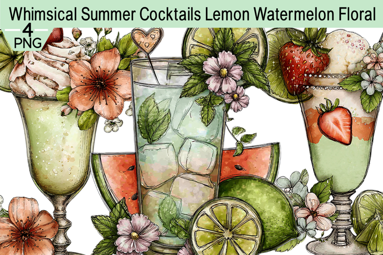 Whimsical Summer Cocktails Lemon Watermelon Floral Clipart