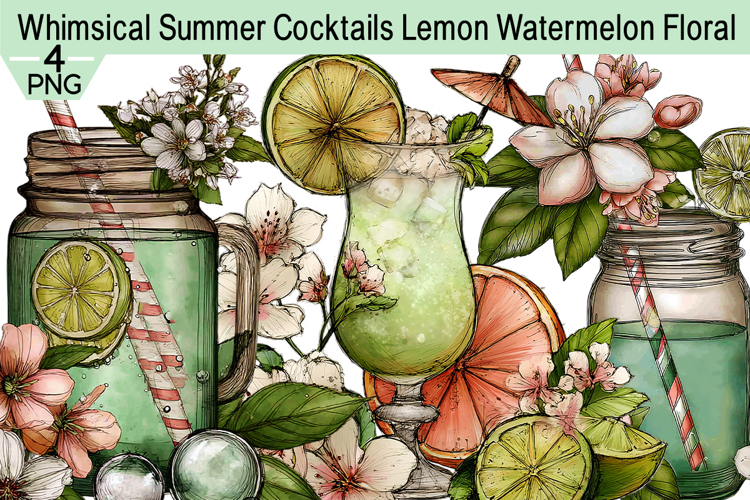 Whimsical Summer Cocktails Lemon Watermelon Floral Clipart example image 1