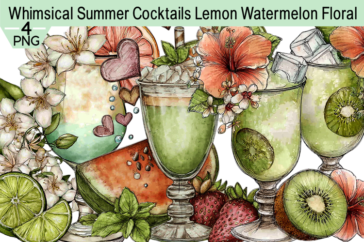 Whimsical Summer Cocktails Lemon Watermelon Floral Clipart example image 1