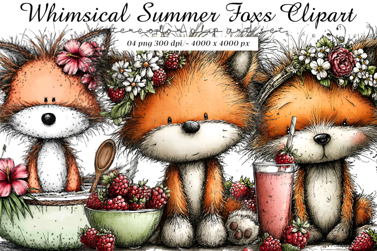 Whimsical summer foxs clipart