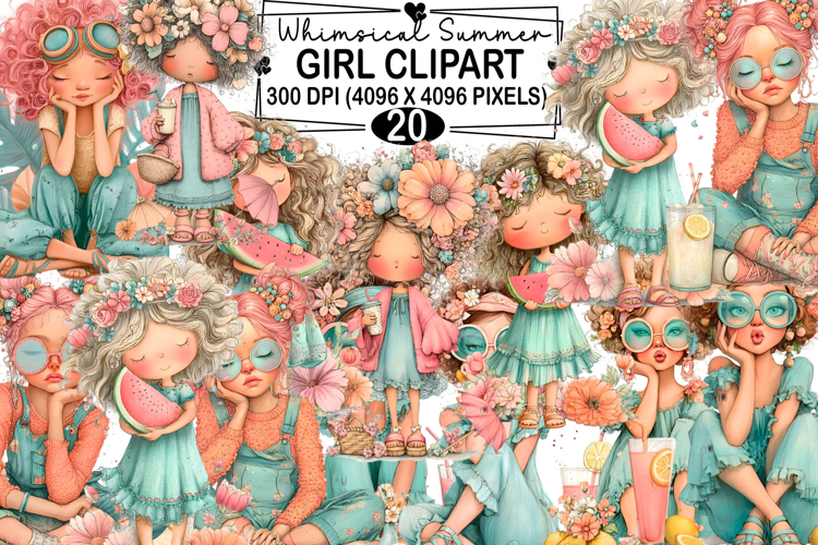Whimsical Summer Girl Clipart Watercolor png