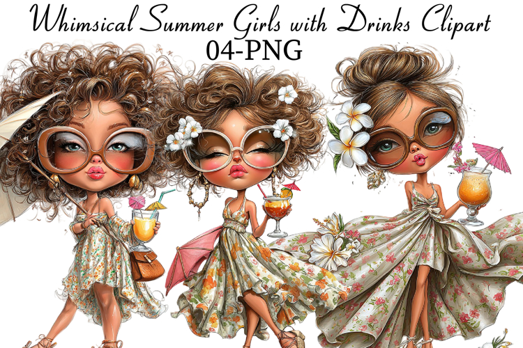Whimsical Summer Girls with Drinks Clipart