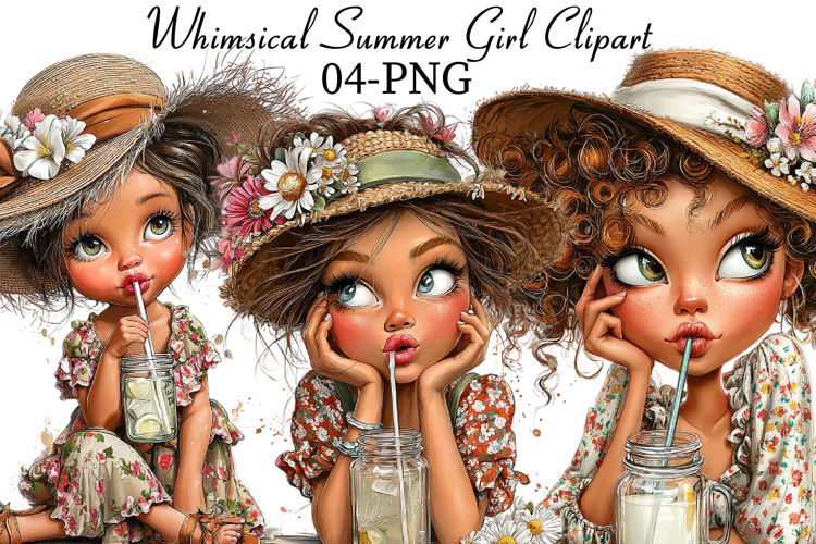 Whimsical Summer Girls with Drinks Clipart