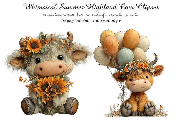 Whimsical Summer Highland Cow Clipart example image 1