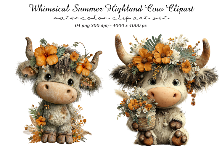 Whimsical Summer Highland Cow Clipart example image 1