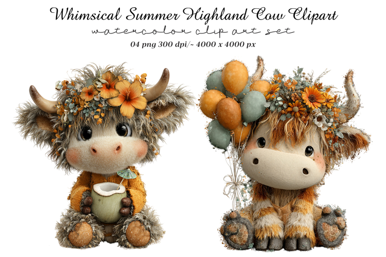 Whimsical Summer Highland Cow Clipart example image 1