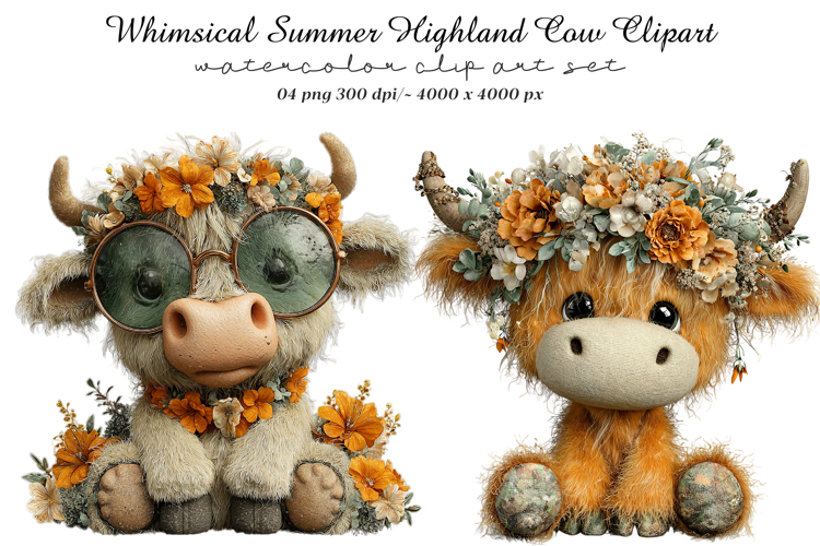 Whimsical Summer Highland Cow Clipart example image 1