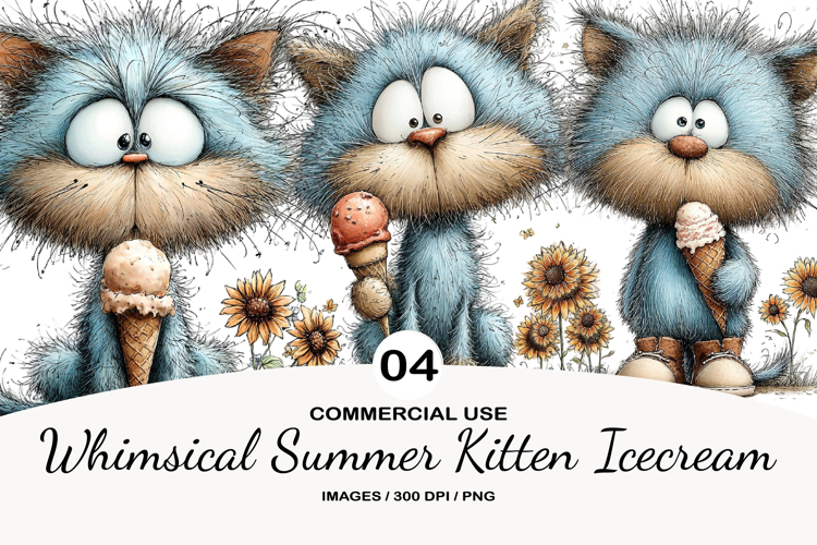 Whimsical Summer Kitten Icecream Clipart