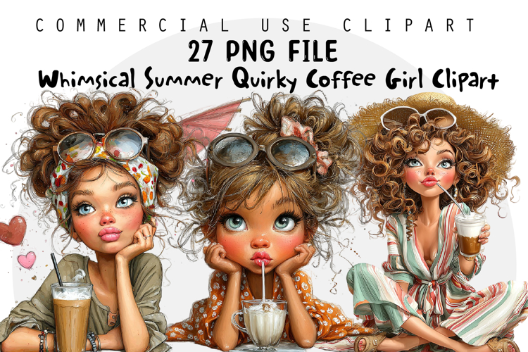 Whimsical Summer Quirky Coffee Girl Clipart