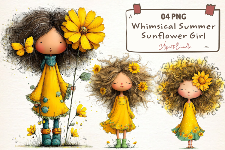 Whimsical Summer Sunflower Girl Clipart example image 1