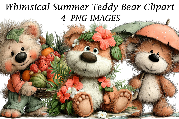 Whimsical Summer Teddy Bear Clipart example image 1