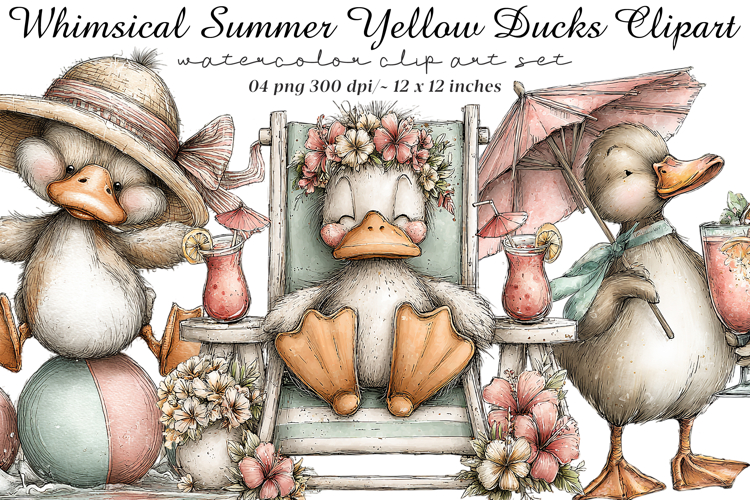 Whimsical Summer Yellow Ducks Clipart