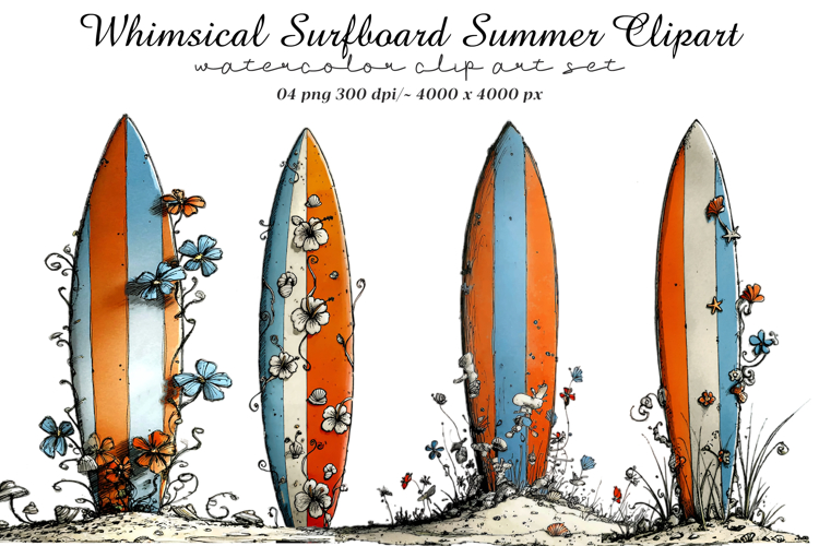 Whimsical Surfboard Summer Clipart example image 1