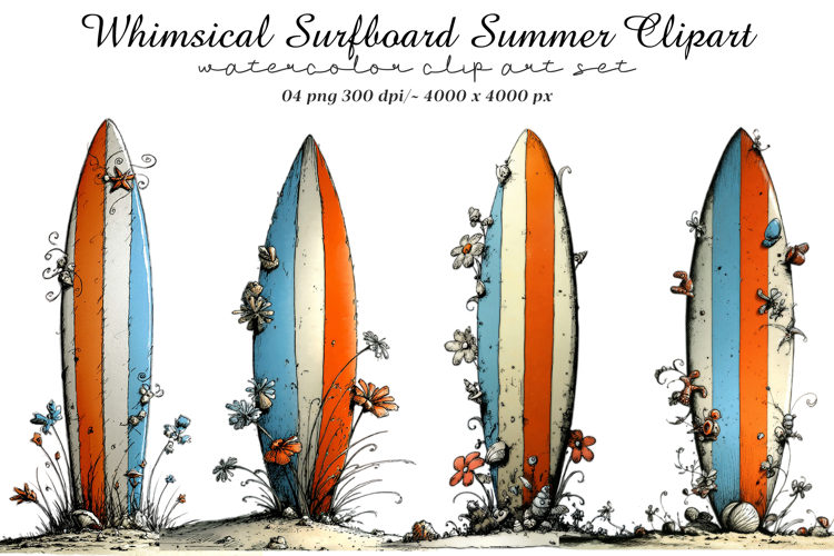 Whimsical Surfboard Summer Clipart example image 1